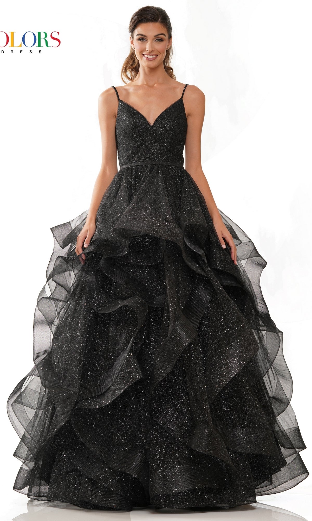A woman stands against a plain white background wearing the Layered Long Tulle Prom Ball Gown 2381—a sleeveless, black formal dress with sparkly details, ruffled layers, and an A-line tulle skirt.